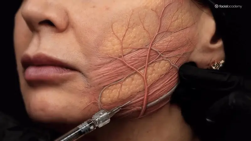 Aplicação na bochecha com a anatomia de vasos e músculos desenhada sobre o rosto